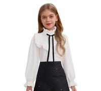 YiZYiF Chemise Blanche Boutonnée Enfant Fille Chemisiers à Volants Manches Longues T-Shirt Ample Décontracté Blouse Chemise d'école Couleur Unie 5-16 Ans Blanc A 13-14 Ans