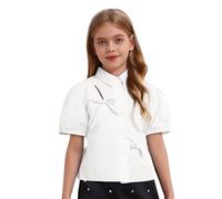 YiZYiF Chemisier Nœud Papillon Enfant Fille Boutonnée Chemises de Princesse en Coton Manches Courtes T-Shirt Ample Décontracté Blouse Chemise d'école 5-16 Ans Blanc 13-14 Ans