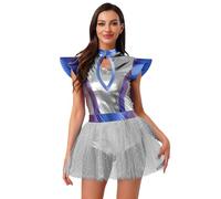 YiZYiF Déguisement Astronaute Femme Costume Space Cadet en Tulle Tutu Combinaison Spatiale Métallique Zippée sans Manches Costume Carnaval Halloween Mascarade S-4XL Argenté A M