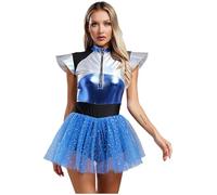 YiZYiF Déguisement Astronaute Femme Costume Space Cadet en Tulle Tutu Combinaison Spatiale Métallique Zippée sans Manches Costume Carnaval Halloween Mascarade S-4XL Bleu L