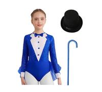YiZYiF Déguisement Cirque Ringmaster Enfant Fille Cosplay Carnaval Halloween Costume Monsieur Loyal Avec Chapeau & Béquille Justaucorps Gymnastique 5-16 Ans Bleu royal 15-16 ans