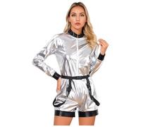 YiZYiF Déguisement Cosmonaute asûronaute pour femme Costume Astronaute Combinaison Salopette Métallique Manches Longues Costume de Disco Clubbing S-3XL Argenté S