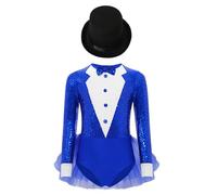 YiZYiF Déguisement Magicien Enfant Fille Cosplay Monsieur Loyal Costume Cirque Ringmaster Avec Chapeau Justaucorps Gymnastique Jumpsuit Bodysuit 5-16 Ans Bleu royal 7-8 ans