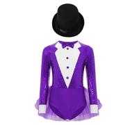 YiZYiF Déguisement Magicien Enfant Fille Cosplay Monsieur Loyal Costume Cirque Ringmaster Avec Chapeau Justaucorps Gymnastique Jumpsuit Bodysuit 5-16 Ans Violet 7-8 ans