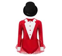 YiZYiF Déguisement Magicien Enfant Fille Cosplay Monsieur Loyal Costume Cirque Ringmaster Avec Chapeau Justaucorps Gymnastique Jumpsuit Bodysuit 5-16 Ans Rouge 7-8 ans