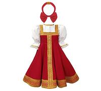 YiZYiF Enfant Fille Costume Russe Traditionnel Déguisement Halloween Noël Carnaval Robe Princesse Soirée à Manches Bouffantes et Bandeau 2-8 Ans Rouge 5-6 Ans