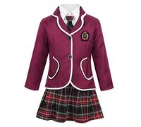 YiZYiF Enfant Fille Déguisement Étudiante Marin Uniforme Scolaire Chemise Manche Longue Manteau Jupe à Carreaux Cravate École Costume Noël Carnaval 4-12 Ans Bordeaux 12-14 ans