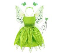YiZYiF Enfant Fille Déguisement Fée Clochette Costume Halloween Noël Carnaval Cosplay Papillon Elfe Robe Princesse Aile Serre-tête Baguette Magique Vert 5-6 ans