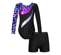YiZYiF Enfant Fille Justaucorps Gymnastique Danse Patinage à Strass Manche Longue Imprimé Bodysuit Combinaison avec Short Ensemble Danse Gym Sport Yoga Natation Starry Black 7-8 ans