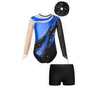 YiZYiF Enfant Fille Justaucorps Gymnastique Strass Manches Longues Léotard Ballet Danse Classique Ensemble Patinage Artistique Costume Performance 5-16 ans Bleu roi et noir 15-16 ans