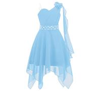 YiZYiF Enfant Fille Robe Princesse Soirée Mariage Cérémonie Strass Une Epaule à Fleur Mousseline Robe Demoiselle d'honneur Bal Fête 5-16 Ans Light Blue B 9-10 Ans