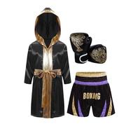 YiZYiF Ensemble Tenue Boxe Enfant Garçon Short + Peignoir à Capuche Tenue Boxe Kick Boxing Muay Thai MMA Survêtements Combat 5-16 Ans Violet clair et or 5-6 ans