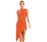 YiZYiF Femme Robe Danse Classique Une Epaule Dentelle Manche Longue Asymétrique Robe Ballet Latine Jazz Rumba Salsa Valse Tango Robe de Soirée Salle de Bal Performance Orange G M