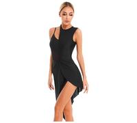 YiZYiF Femme Robe Danse Classique Une Epaule Dentelle Manche Longue Asymétrique Robe Ballet Latine Jazz Rumba Salsa Valse Tango Robe de Soirée Salle de Bal Performance Noir G L
