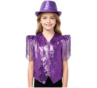 YiZYiF Gilet Performance avec des Paillettes pour Garçons Et Filles avec Chapeau Doudoune Gilet Danse Brillant pour Enfants Party Violet 5-6 Ans