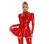 YiZYiF Robe Courte en Cuir Robe Club Moulante Manches Longues Mini Robe pour Soirée Cocktail Cérémonie Rouge A L
