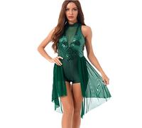 YiZYiF Robe de Danse Femme Asymétrique Tutu Ballet Justaucorps à Paillettes Halter Robe Latine Jazz Patinage Robes Soirée Bal Performance Dancewear S-XXL Vert M