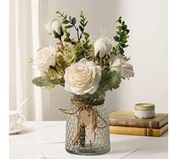 YJ Fleurs artificielles avec Vase, Bouquet de Roses artificielles en Soie, décoration de Maison, de Bureau, de Centre de Table à Manger (Blanc)