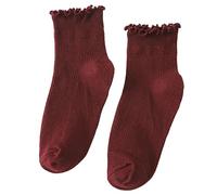 Yjcnelcr Chaussettes hautes en coton pour femme - Jolies chaussettes à volants Lolitas - Chaussettes courtes - Cadeaux de bonneterie, rouge vin, Taille unique