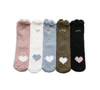 Yjcnelcr Lot de 5 paires de chaussettes pelucheuses en velours corail pour femme - Motif chat brodé - Motif cœur et pattes - Épaisses, douillettes et chaudes, Tel que montré, Taille unique