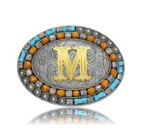 Yjfeshion Boucle de ceinture Western Lettre initiale dorée ABCJMR à XYZ Vintage Turquoise Cowboy Boucles de ceinture pour homme femme, Turquoise Or M, M