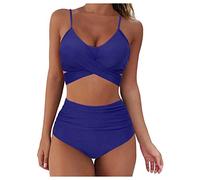 YJLX Maillot de bain 2 pièces pour femme - Taille haute - Push Up - Sexy - Grandes tailles - Maillot de bain deux pièces - Culotte push-up - Tankini avec hauts et short de bain - Mode plage, bleu, L