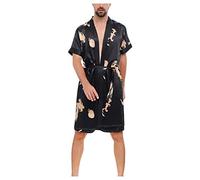 YJLX Peignoir de chambre pour homme léger en soie - Peignoir court en satin - Kimono - Robe à manches longues - Pyjama - Chemise de nuit en satin - Manteau de maison - Cadeaux pour homme, Noir , XL