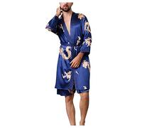YJLX Peignoir de chambre pour homme léger en soie - Peignoir court en satin - Kimono - Robe à manches longues - Pyjama - Chemise de nuit en satin - Manteau de maison - Cadeaux pour homme, bleu, M