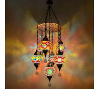 Yjmgrowing Lustre en mosaïque Turque avec 7 Globes, Suspension Goutte de Pluie Marocaine, Lampe Suspendue de Style bohème pour escaliers, Salon, café, Bar, W18″H43″,Rouge