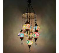 Yjmgrowing Lustre en mosaïque Turque avec 7 Globes, Suspension Goutte de Pluie Marocaine, Lampe Suspendue de Style bohème pour escaliers, Salon, café, Bar, W18″H43″,Vert