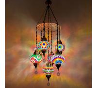 Yjmgrowing Lustre en mosaïque Turque avec 7 Globes, Suspension Goutte de Pluie Marocaine, Lampe Suspendue de Style bohème pour escaliers, Salon, café, Bar, W18″H43″,Multi Colored