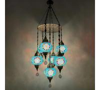 Yjmgrowing Lustre en mosaïque Turque avec 7 Globes, Suspension Goutte de Pluie Marocaine, Lampe Suspendue de Style bohème pour escaliers, Salon, café, Bar, W18″H43″,Bleu