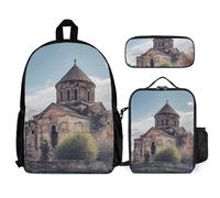 YJWANDO Ensemble sac à dos 3 en 1 avec imprimé église arménienne, sac à dos avec sac à déjeuner, petit sac à dos, sac à déjeuner Combo