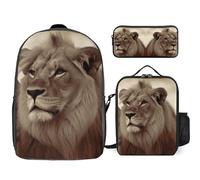 YJWANDO Ensemble sac à dos 3 en 1 avec imprimé lion d'Afrique et lionne - Sac à dos avec sac à déjeuner et sac à déjeuner - Petit sac à dos - Style