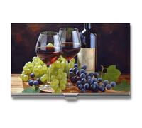 YJWANDO Porte-cartes de visite, étui en métal léger imprimé vin rouge galsse et raisins, Style :