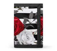 YJWANDO Portefeuille à trois volets, rayures noires et roses rouges imprimé portefeuille avec plusieurs fentes portefeuille élégant portefeuille pratique portefeuille durable portefeuille moderne,