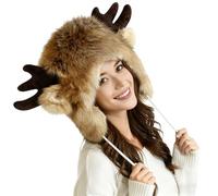 YJZQ Bonnet Cache-Oreilles Chapka Unisexe Forme Andouiller Chapeau Protection Tête Taureau Cagoule Trappeur Chaud Noël Casquette Cerf Jaune 56-59cm