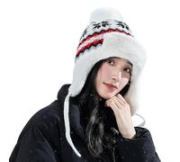 YJZQ Bonnet tricoté pour femme avec pompon en fausse fourrure - Chaud - Coupe-vent - Bonnet de ski épais - Double couche - Doublure en fourrure synthétique, Blanc., taille unique