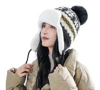 YJZQ Bonnet tricoté pour femme avec pompon en fausse fourrure - Chaud - Coupe-vent - Bonnet de ski épais - Double couche - Doublure en fourrure synthétique, Noir56-58, taille unique
