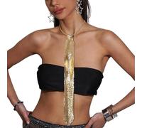 YJZQ Cravate Paillettes Brillants Femme 40CM Cravate Strass Élégante décor de Collier pour Fête Musicale Soirées Costumées Carnaval Disco Banquet Or