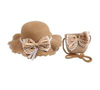 YJZQ Ensemble chapeau de paille et sac pour fille - Beau chapeau de soleil d'été et mini sac à main - Chapeau de pêche tendance avec fleurs - Nœud - Bonnet de plage respirant pour camping, vacances