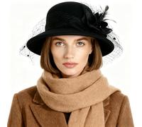 YJZQ Femmes Chapeau Melon en Feutre élégant Noir Chapeau Cloche à Fleur Voile Bonnet Charleston année 20 Couvre-Chef Style Vintage 56-58CM