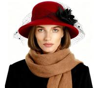 YJZQ Femmes Chapeau Melon en Feutre élégant Rouge Chapeau Cloche à Fleur Voile Bonnet Charleston année 20 Couvre-Chef Style Vintage 56-58CM