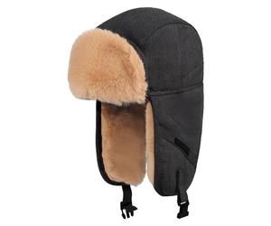 YJZQ Homme Chapeau Russe Fausse Fourrure Hier Bonnet Aviateur Doublure Peluche avec Cache Oreilles Casquette Imperméable Chaud Coupe-Vent Chapka Noir pour Ski et Moto 58-60CM