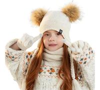 YJZQ Set Bonnet à Oreillettes Ensemble Gants et Snood Enfant Mignon à 2 Pompons - Noël écharpe Tricot Peluche Chaud et Sûr pour Filles Garçons 4-10ans