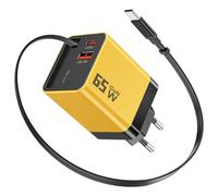 YKEJCLD Chargeur USB C GaN 65 W avec câble de charge rétractable (0,7 m) 3 ports, compatible avec MacBook Pro/Air, iPhone 17 Pro/Air/16/15, iPad, Galaxy S25/S24, Steam Deck, etc. (jaune)