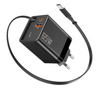 YKEJCLD Chargeur USB C GaN 65 W avec câble de charge rétractable (0,7 m) 3 ports, compatible avec MacBook Pro/Air, iPhone 17 Pro/Air/16/15, iPad, Galaxy S25/S24, Steam Deck etc (noir)