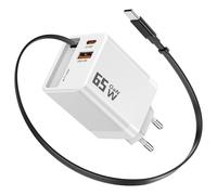 YKEJCLD Chargeur USB C GaN 65 W avec câble de charge rétractable (0,7 m) 3 ports, compatible avec MacBook Pro/Air, iPhone 17 Pro/Air/16/15, iPad, Galaxy S25/S24, Steam Deck etc (blanc)