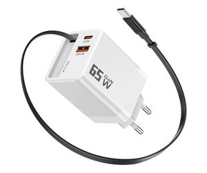 YKEJCLD Chargeur USB C GaN 65 W avec câble de charge rétractable (0,7 m) 3 ports, compatible avec MacBook Pro/Air, iPhone 17 Pro/Air/16/15, iPad, Galaxy S25/S24, Steam Deck etc (blanc)