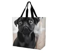 YKLBV Grand sac fourre-tout avec poignées - Flamme bleue - Pliable - Lavable - Très résistant et imperméable, Adorable chien carlin noir, 40x40x16cm